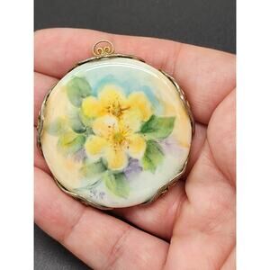 Vintage Hand Painted Porcelain Pendant, Signed By Artist, Yellow Wild Roses